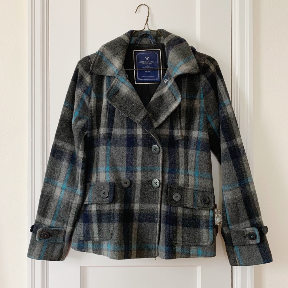 American Eagle Plaid Pea Coat